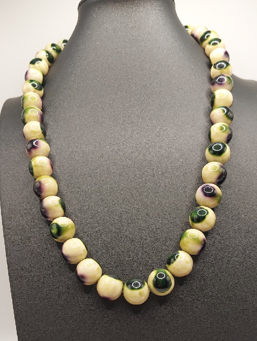 Wacky Item: Green & Purple Beaded Strung Necklace- Ceramic Round Beads